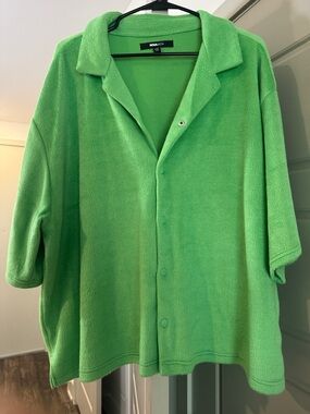 Neon Green Button-Front Plush Shirt Jacket - NovaMen